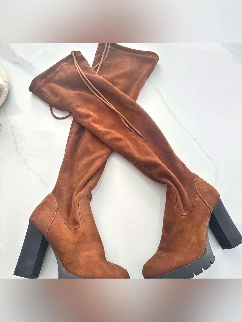 Women's Over-the-Knee Suede Platform Boots in Chestnut Brown